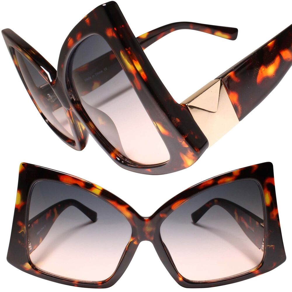 Women Oversize Square High Pointed Down Temple Fashion Tortoise Sunglasses